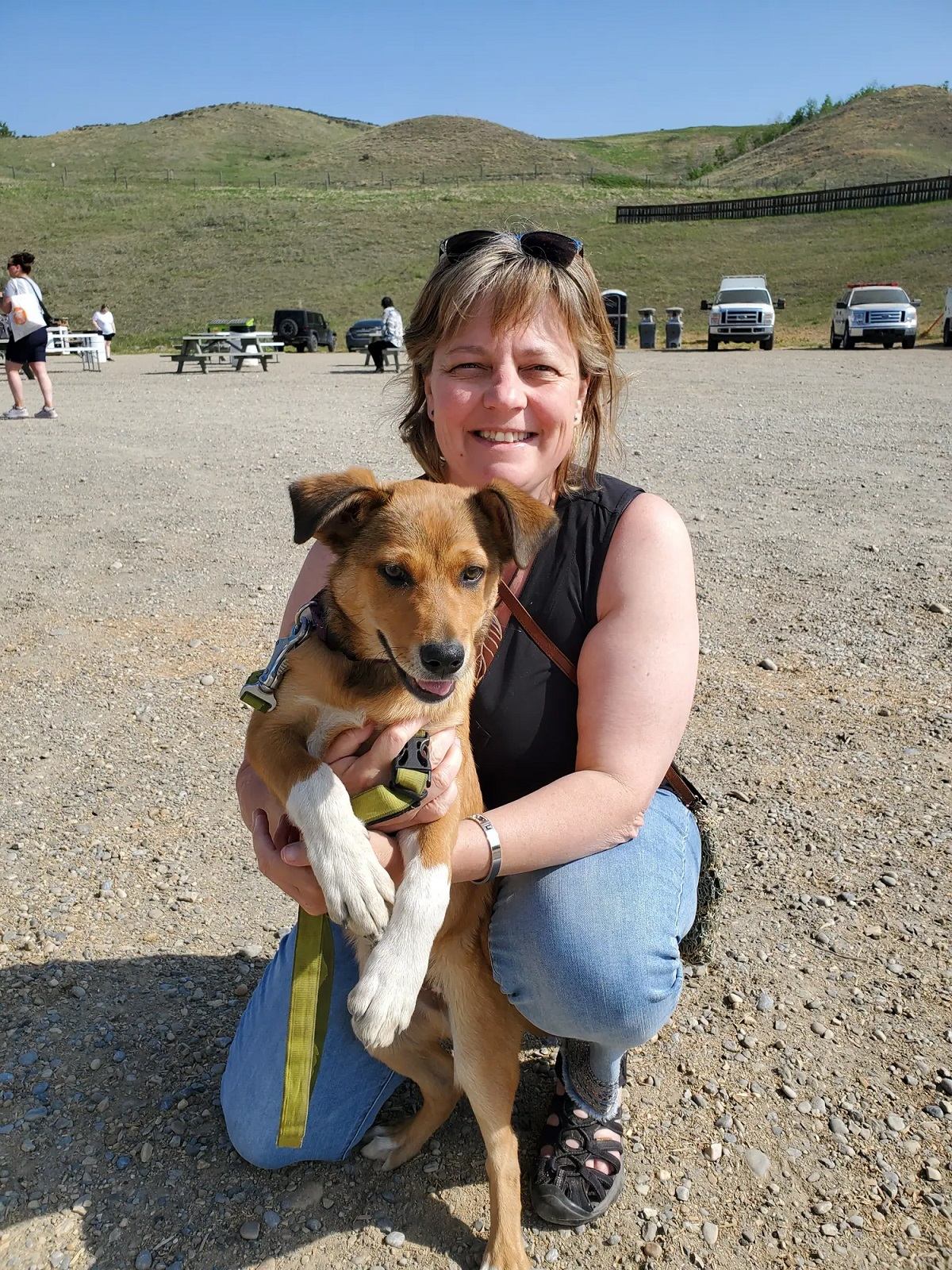 Person kneeling on gravel holding a brown dog with a yellow leash.