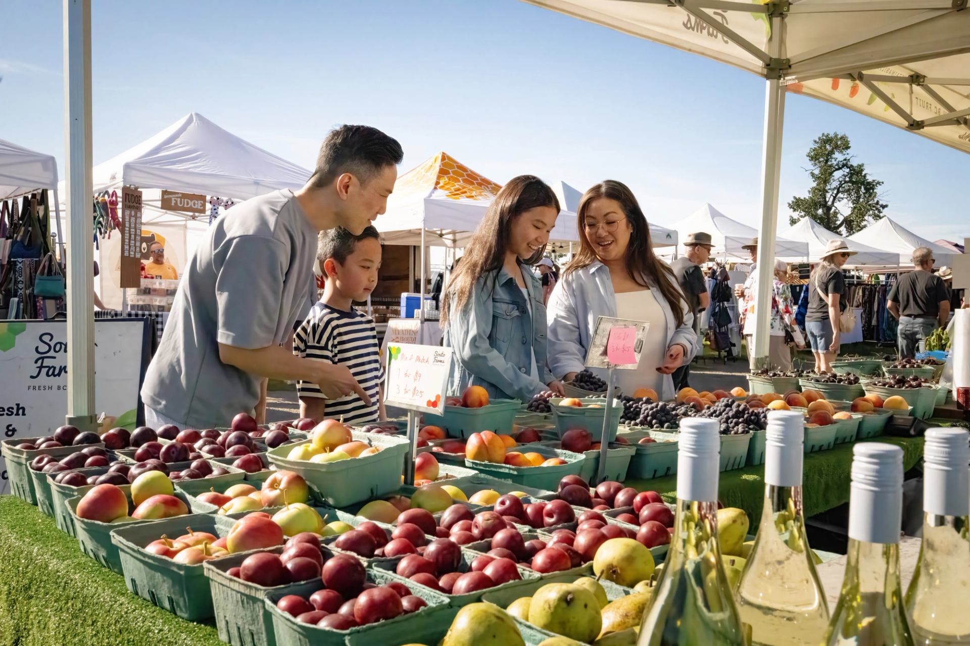 Shoppers browse fruit and grapes at outdoor farmers market stalls under white canopy tents.