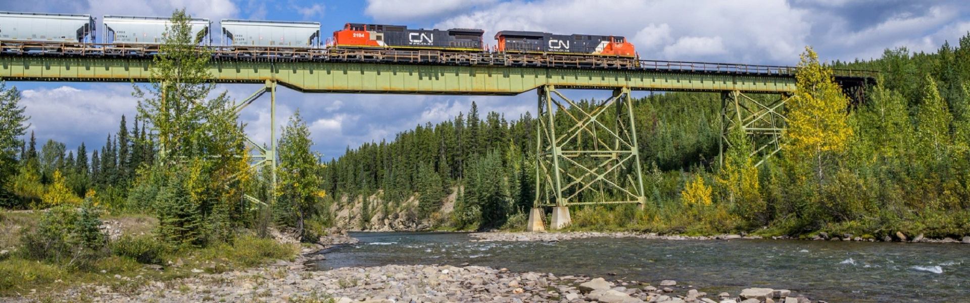 A train on a bridge going over the river.