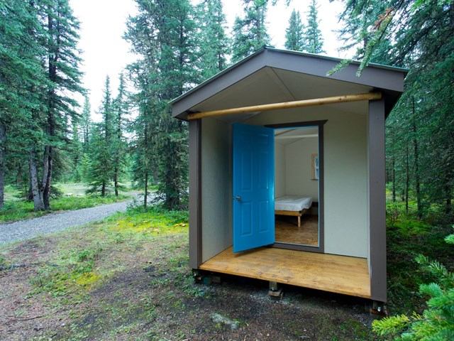 Small cabin with a blue door, wooden floor, and bed inside, surrounded by trees in a forest.