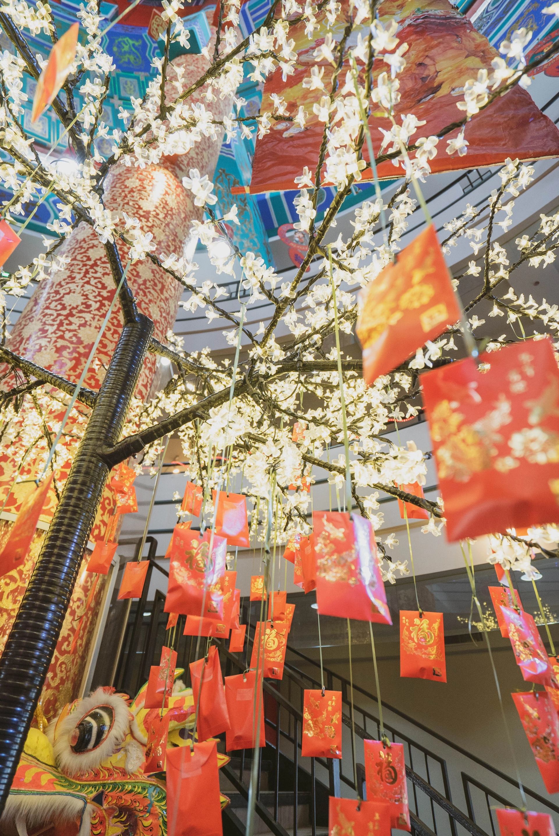 Close-up of glowing tree branches decorated with red envelopes for Chinese New Year.