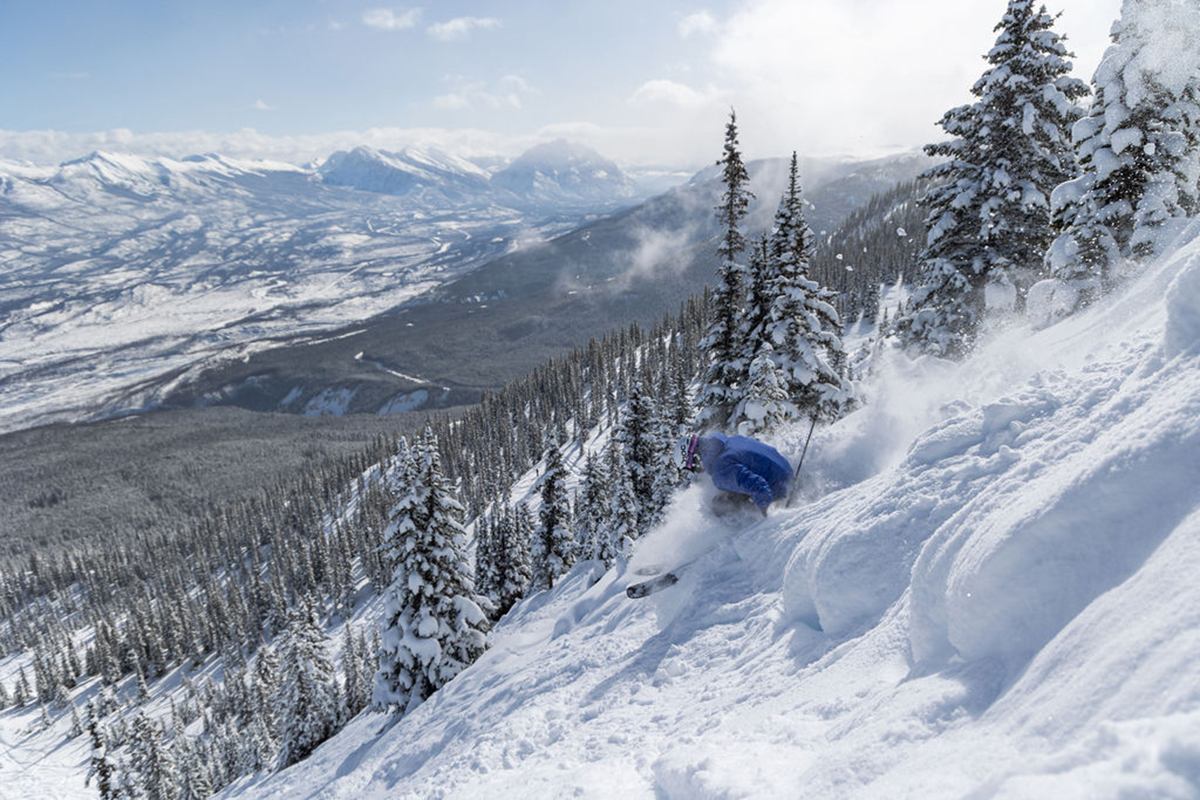 Advanced skier carving through powder on Marmot Basin's advanced Eagle East terrain.