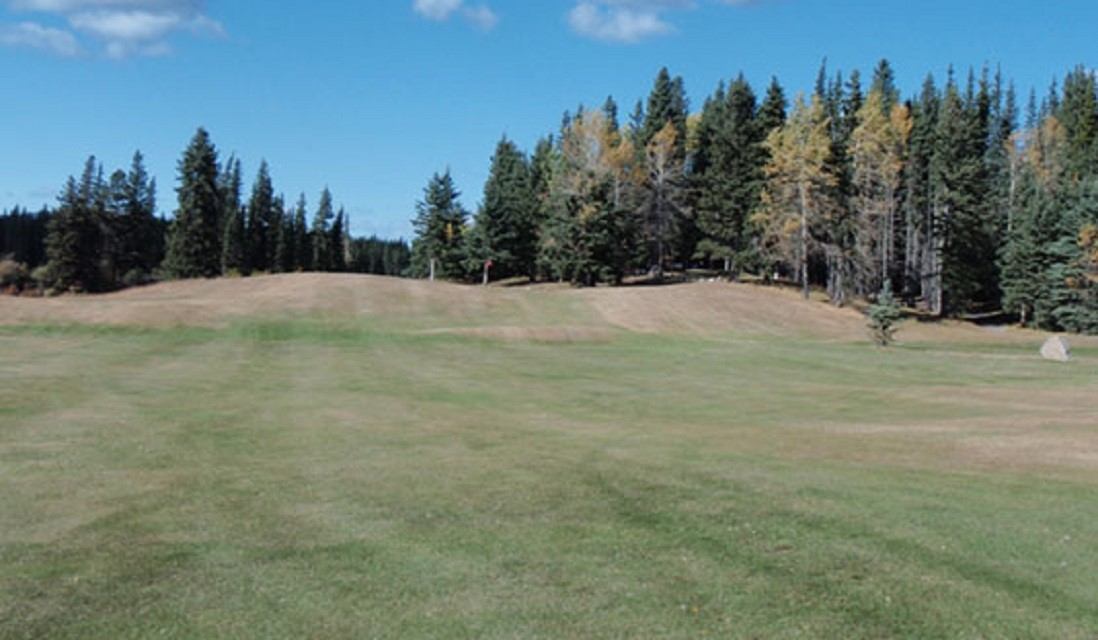Grassy fairway at Nordegg Historic Golf Course with trees and autumn colors in the background.