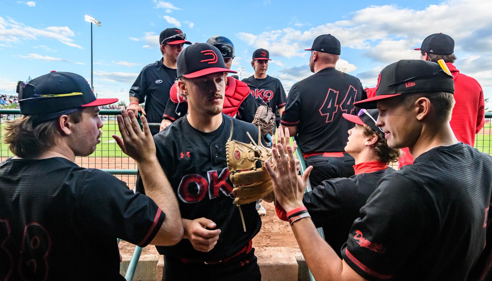 Baseball players in black uniforms high-fiving near the dugout.