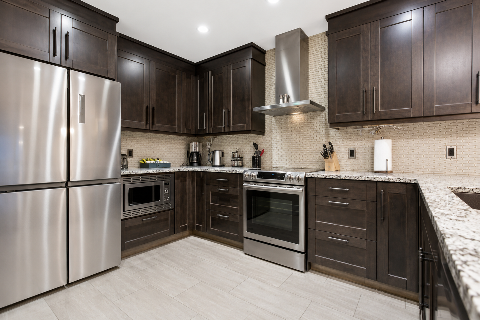 Kitchen with dark wood cabinets, granite counters and stainless steel appliances.