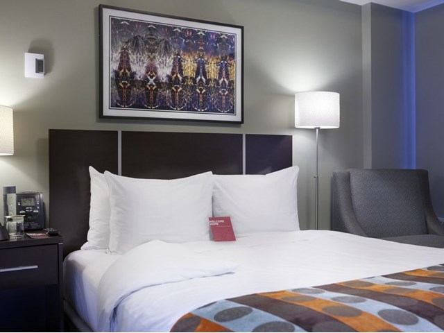 Contemporary guest room with a dark headboard, patterned blanket, and framed artwork above the bed.