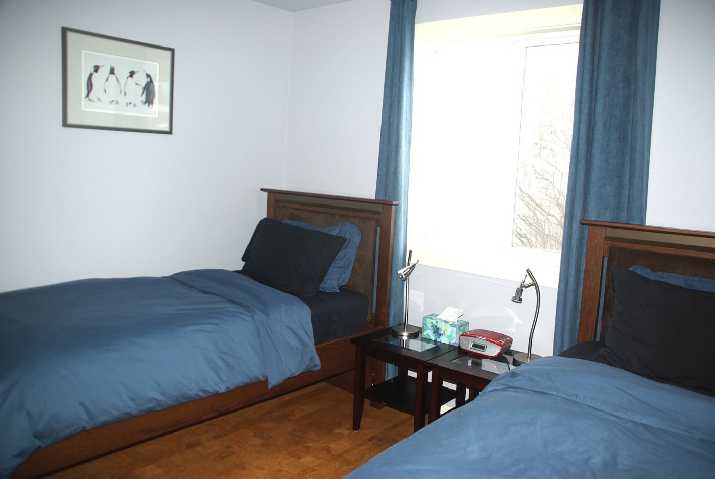 Bedroom with two twin beds, blue bedding, nightstand, window and penguin print.