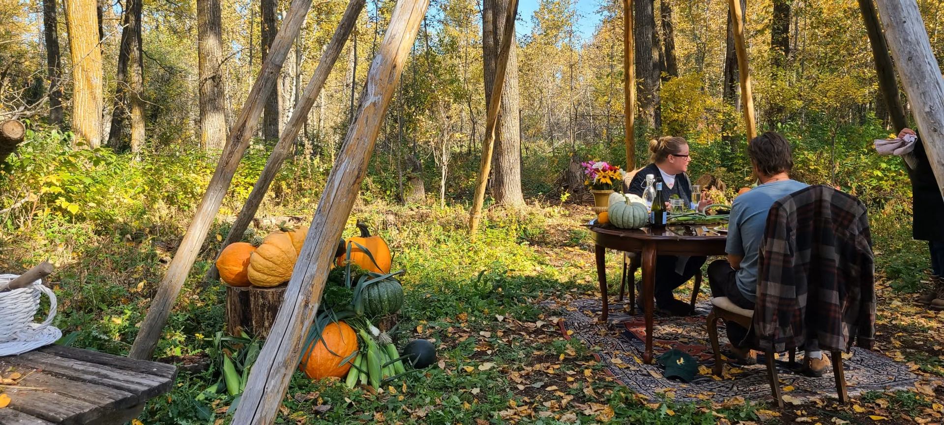People sit at a dining table surrounded by pumpkins and trees.