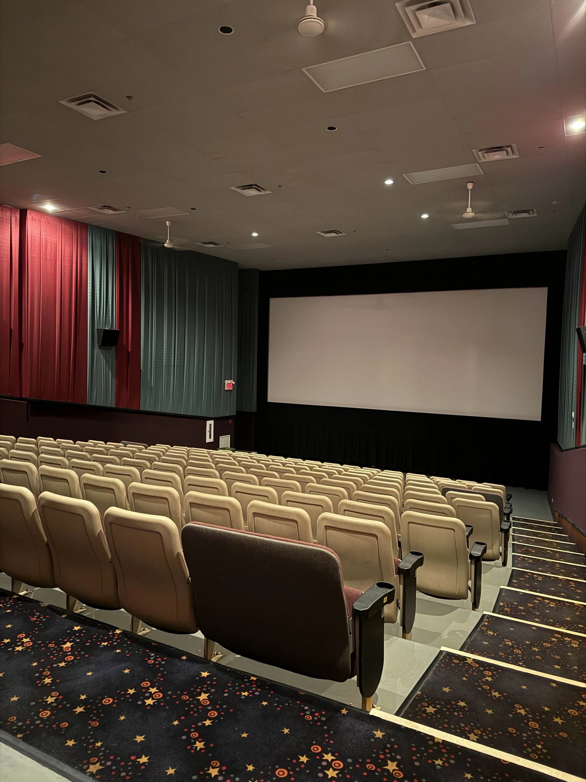Empty cinema auditorium with rows of seats facing a large screen and dim lighting.