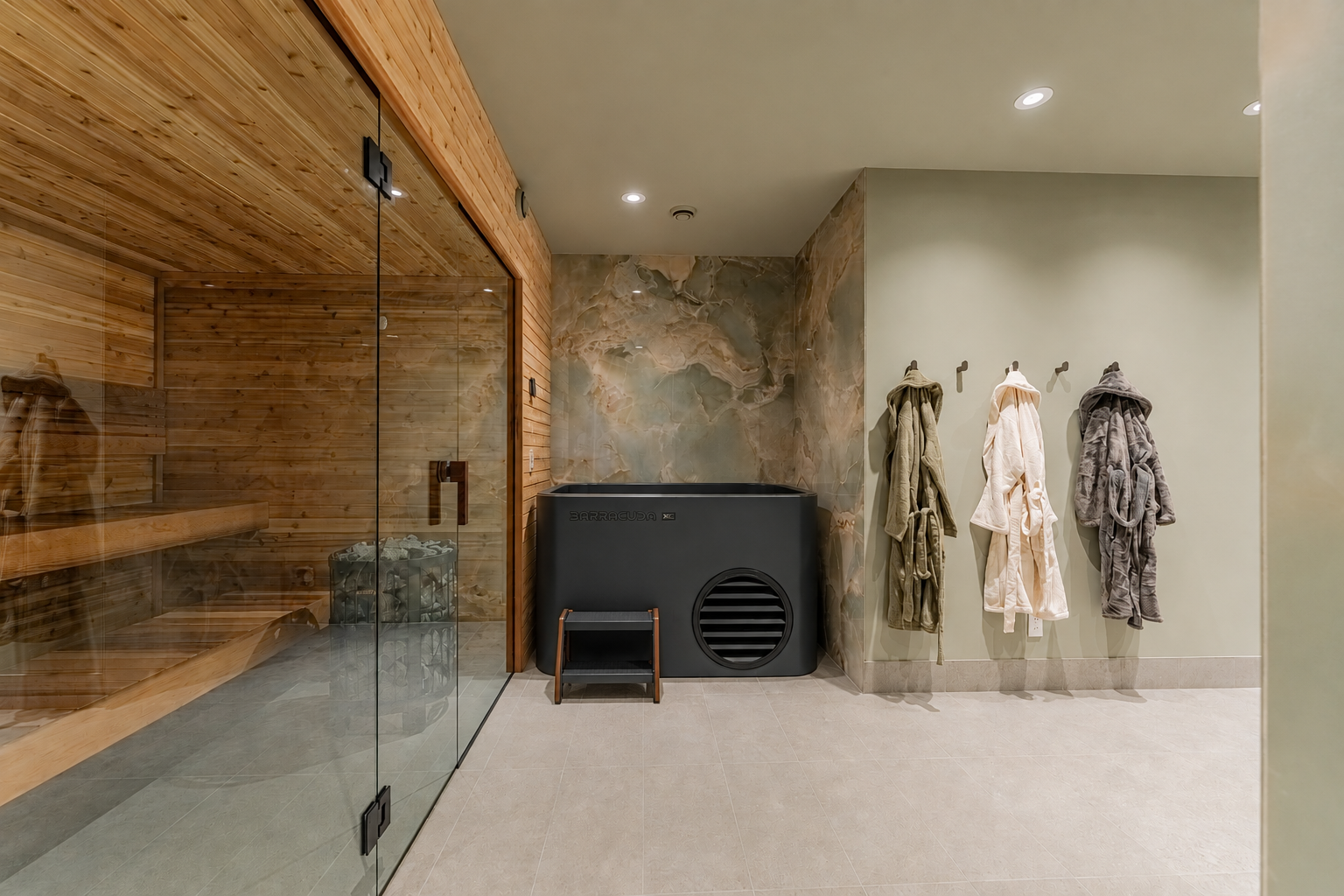 Home spa with glass-enclosed sauna, cold plunge tub and robes hanging on hooks.