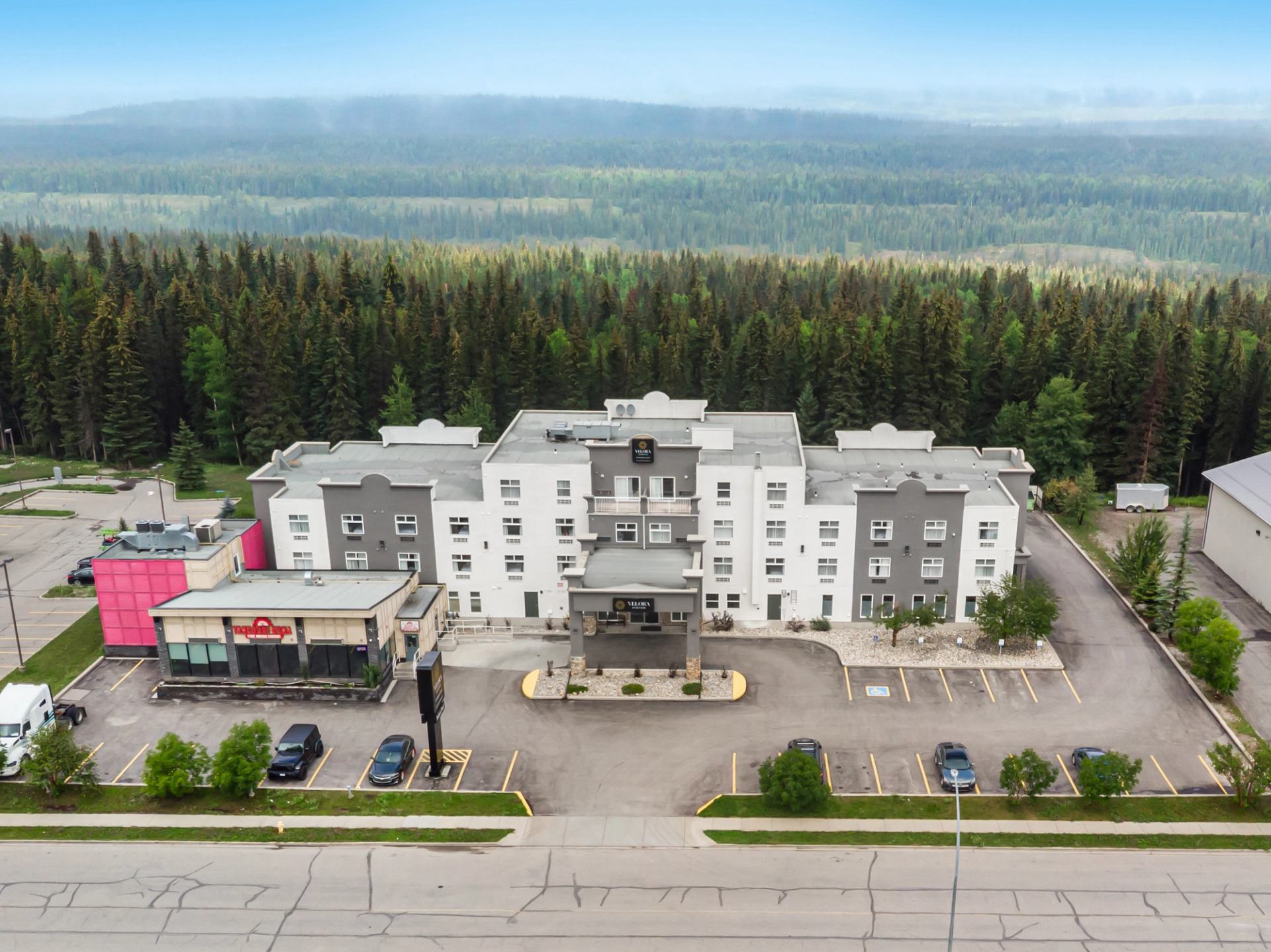 Aerial view of a modern hotel surrounded by trees and parking area.