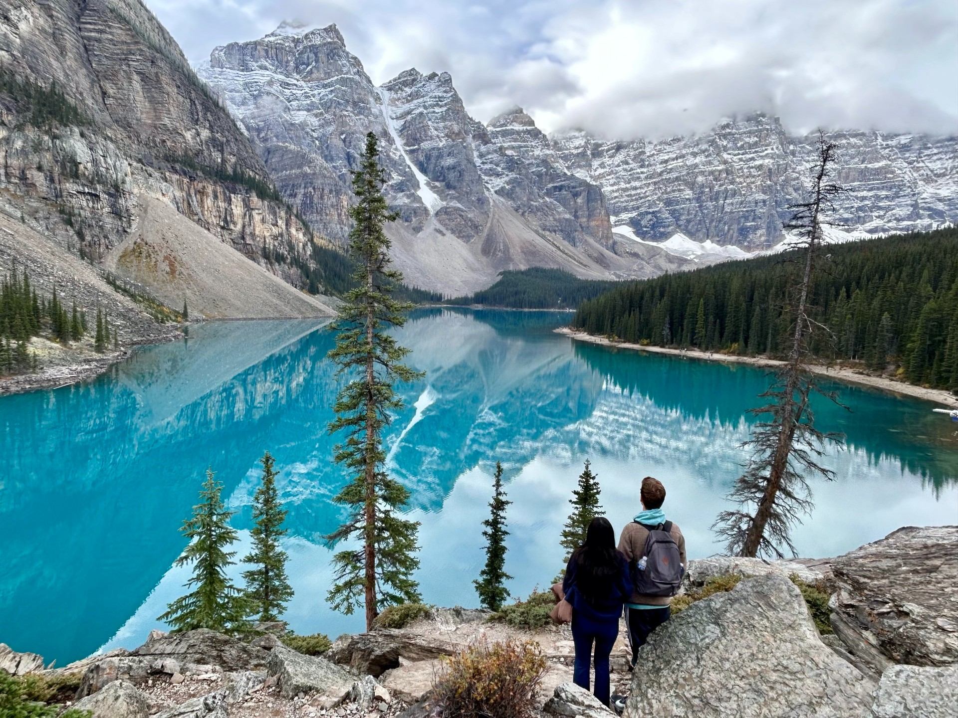 Two people looking at Moraine Lake