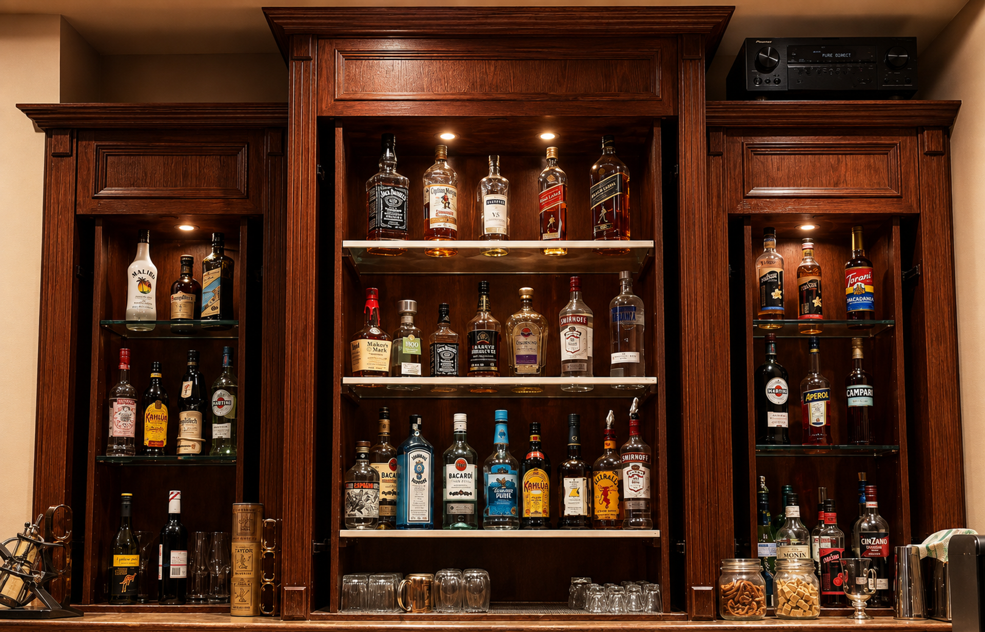 Wooden bar shelves filled with assorted liquor bottles, glassware and a stereo receiver.
