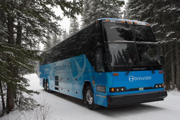 Tour bus in the snow in Banff National Park.