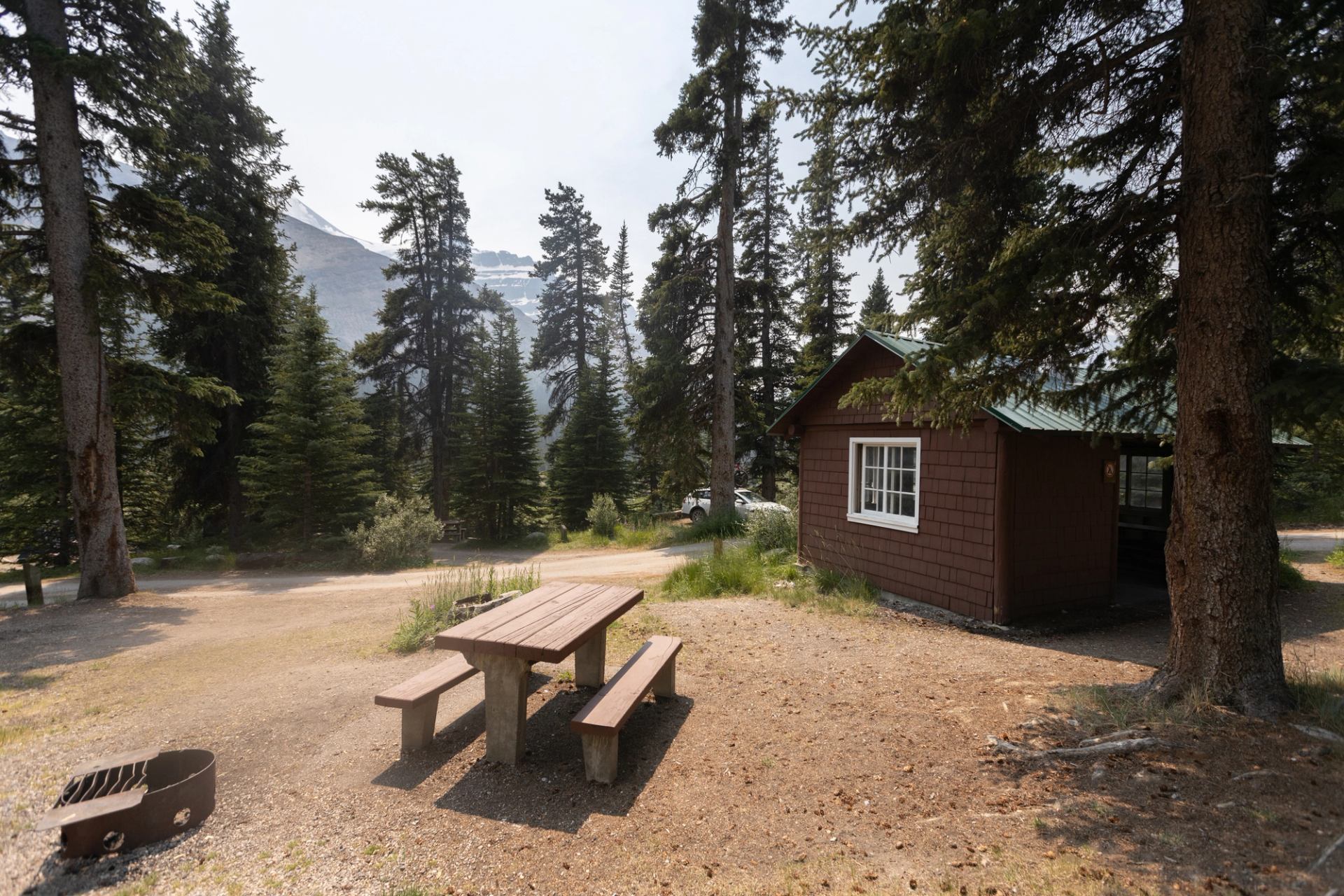 Campsite and cook shelter at Columbia Icefields Campground.