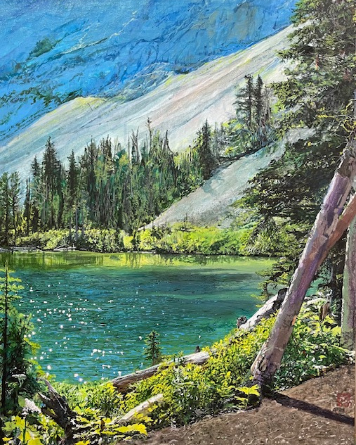 A painting of a scenic landscape with a lake surrounded by trees and mountains.