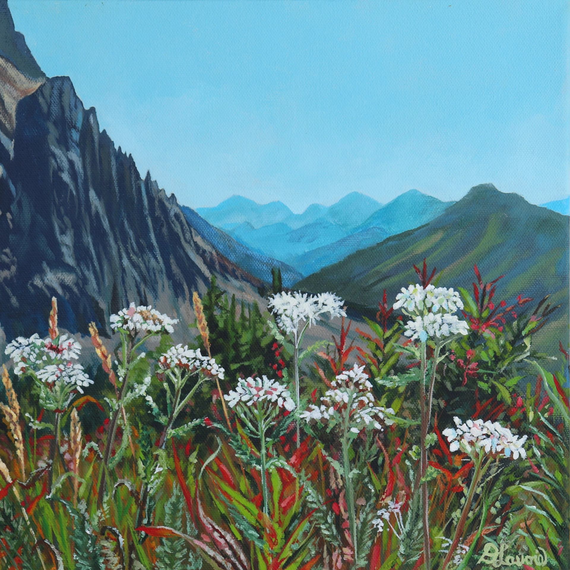 Painting of a mountain landscape with white wildflowers in the foreground, rocky peaks, and distant blue mountains.