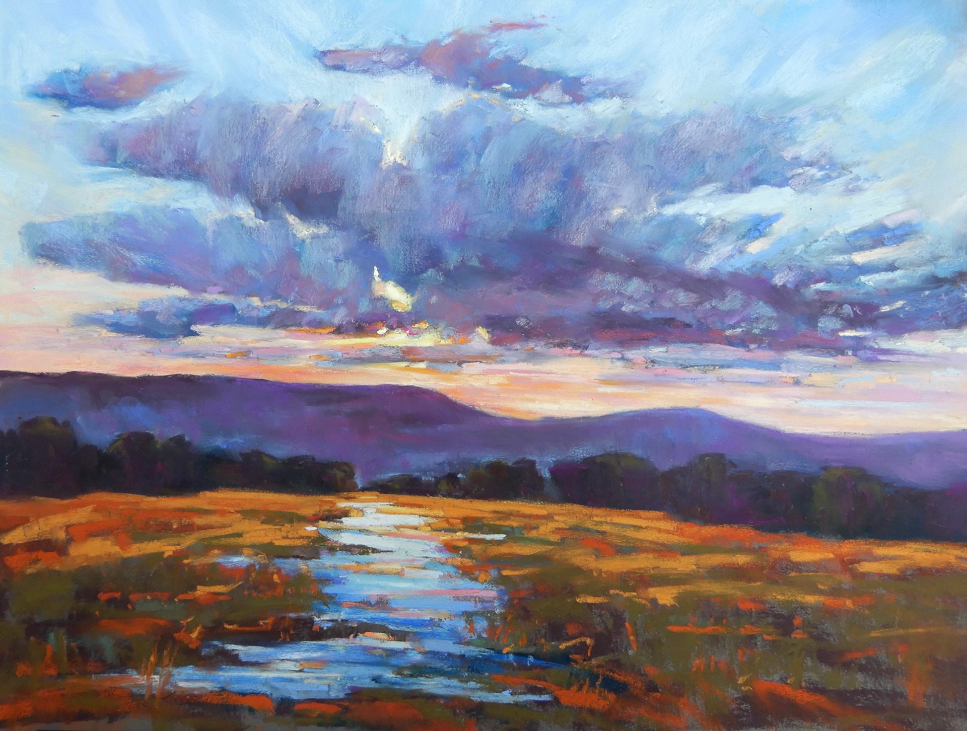 Colorful sunset landscape painting with dramatic clouds and glowing fields.