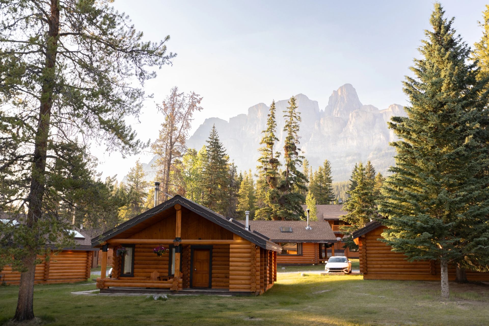 Exterior of Castle Mountain Chalets in Banff National Park.