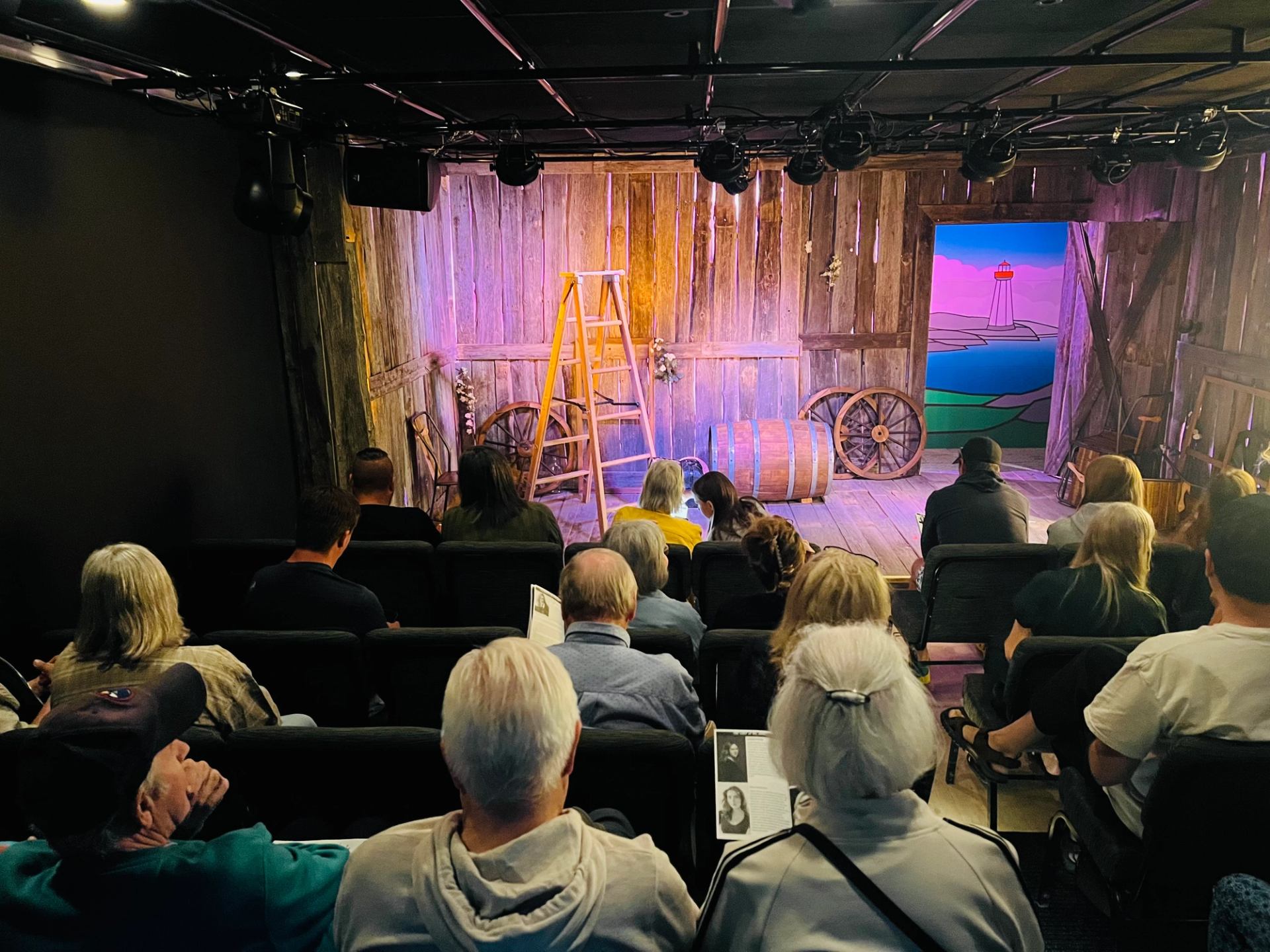 Audience awaits show on rustic stage with scenic woodland backdrop.