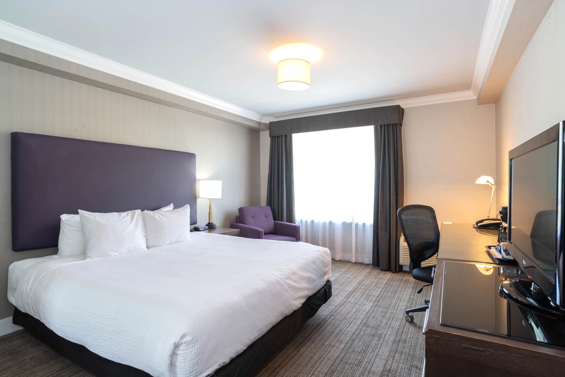 Hotel room with king bed, purple headboard, armchair, desk, office chair and TV.