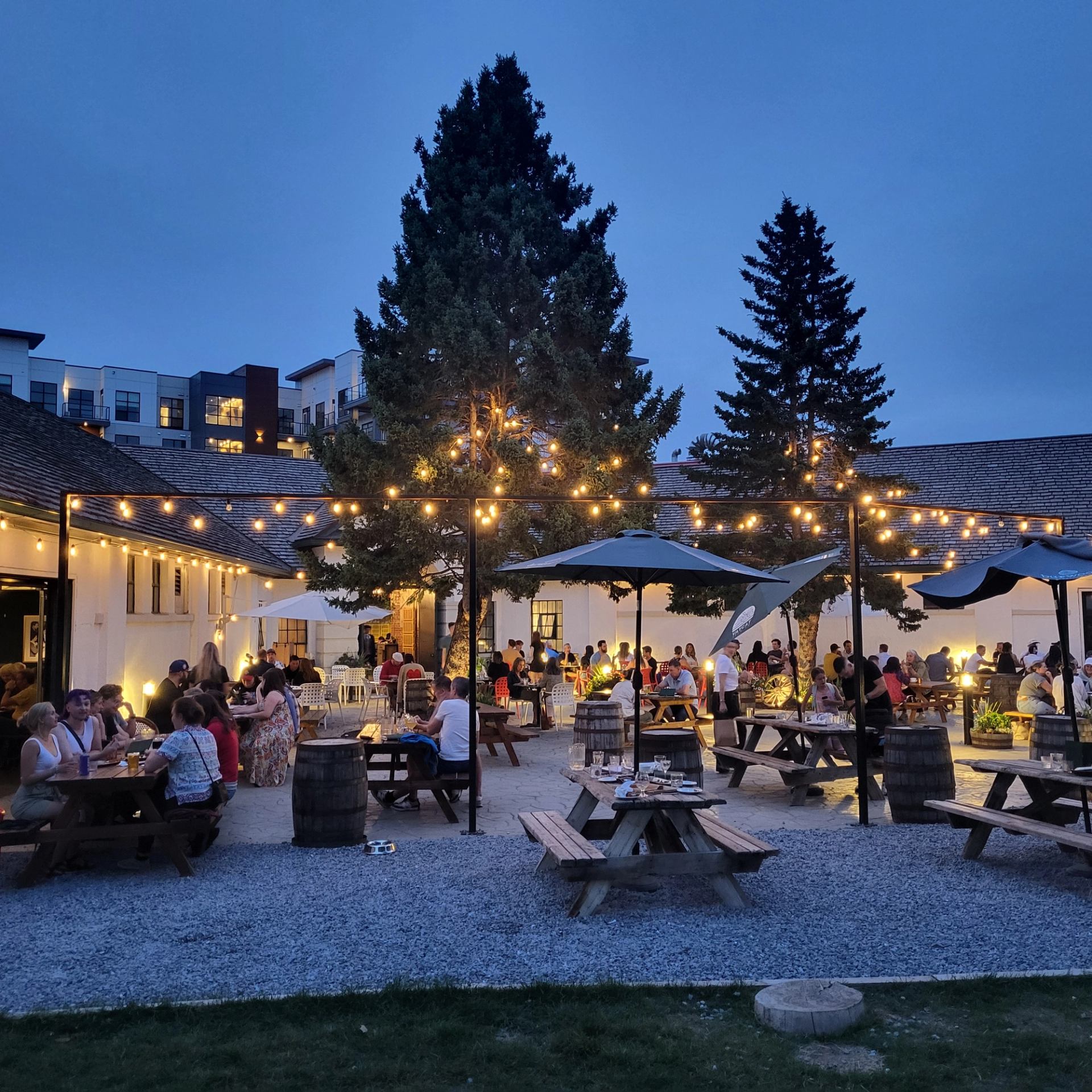 Groups of people outside on a patio at the distillery tour.