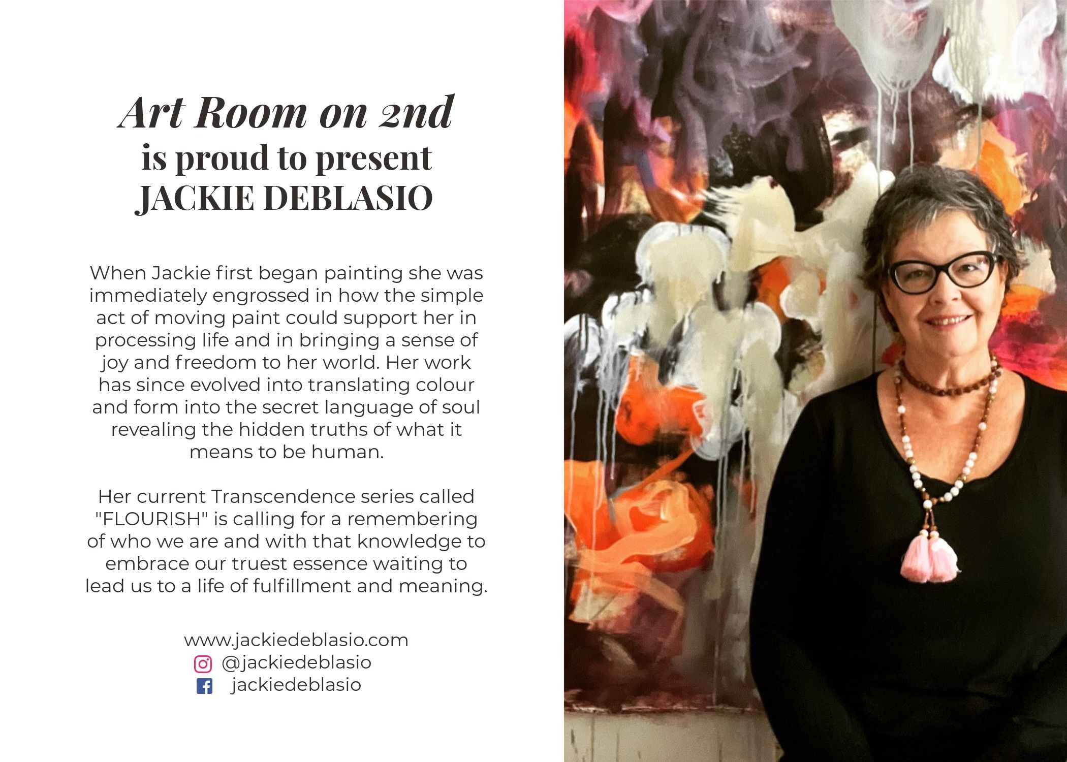 Artist Jackie DeBlasio stands beside large abstract painting with text about her exhibition.