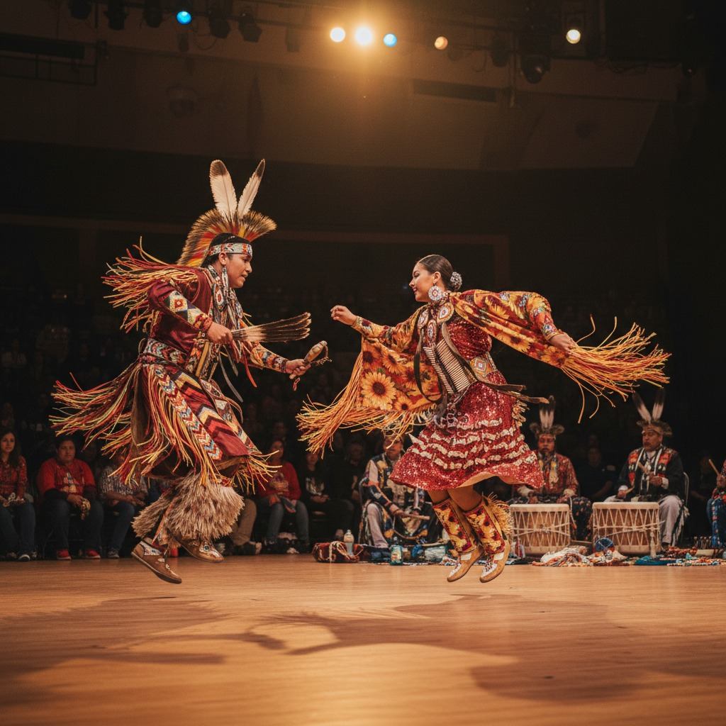Two dancers in colourful regalia perform onstage before seated drummers and spectators.