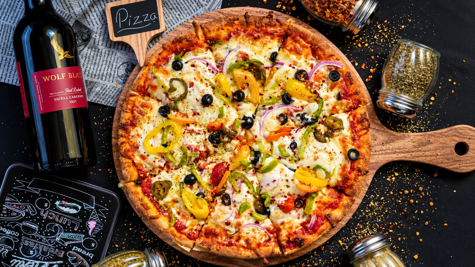 Vegetable pizza on a wooden board beside a wine bottle and scattered seasonings.
