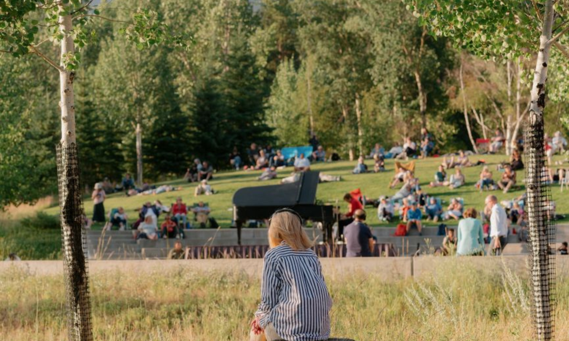 An outdoor concert with a grand piano on stage and an audience on a grassy hill, viewed from behind a person in the foreground.