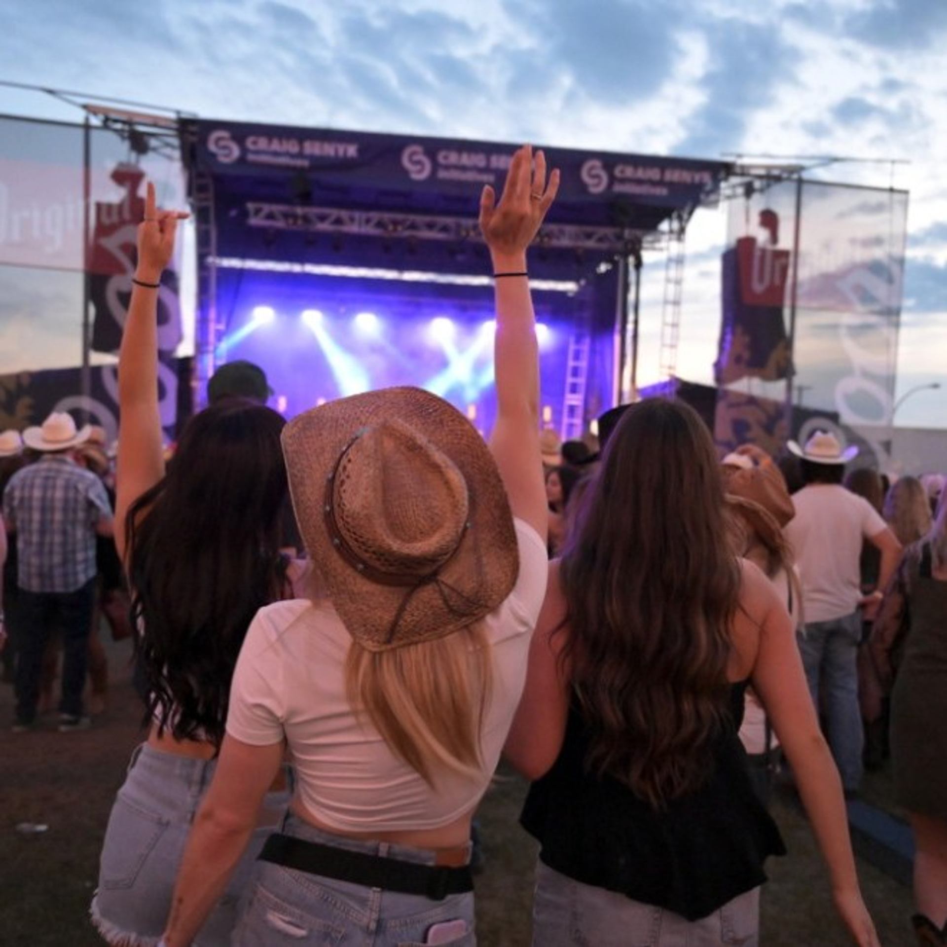 Crowd at outdoor concert with three people in foreground raising arms toward stage