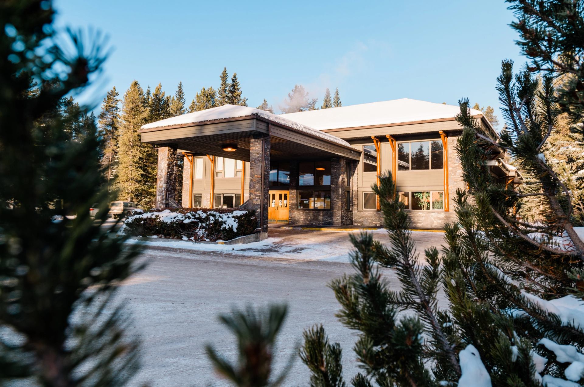 Front view of Mountaineer Lodge surrounded by snowy trees.
