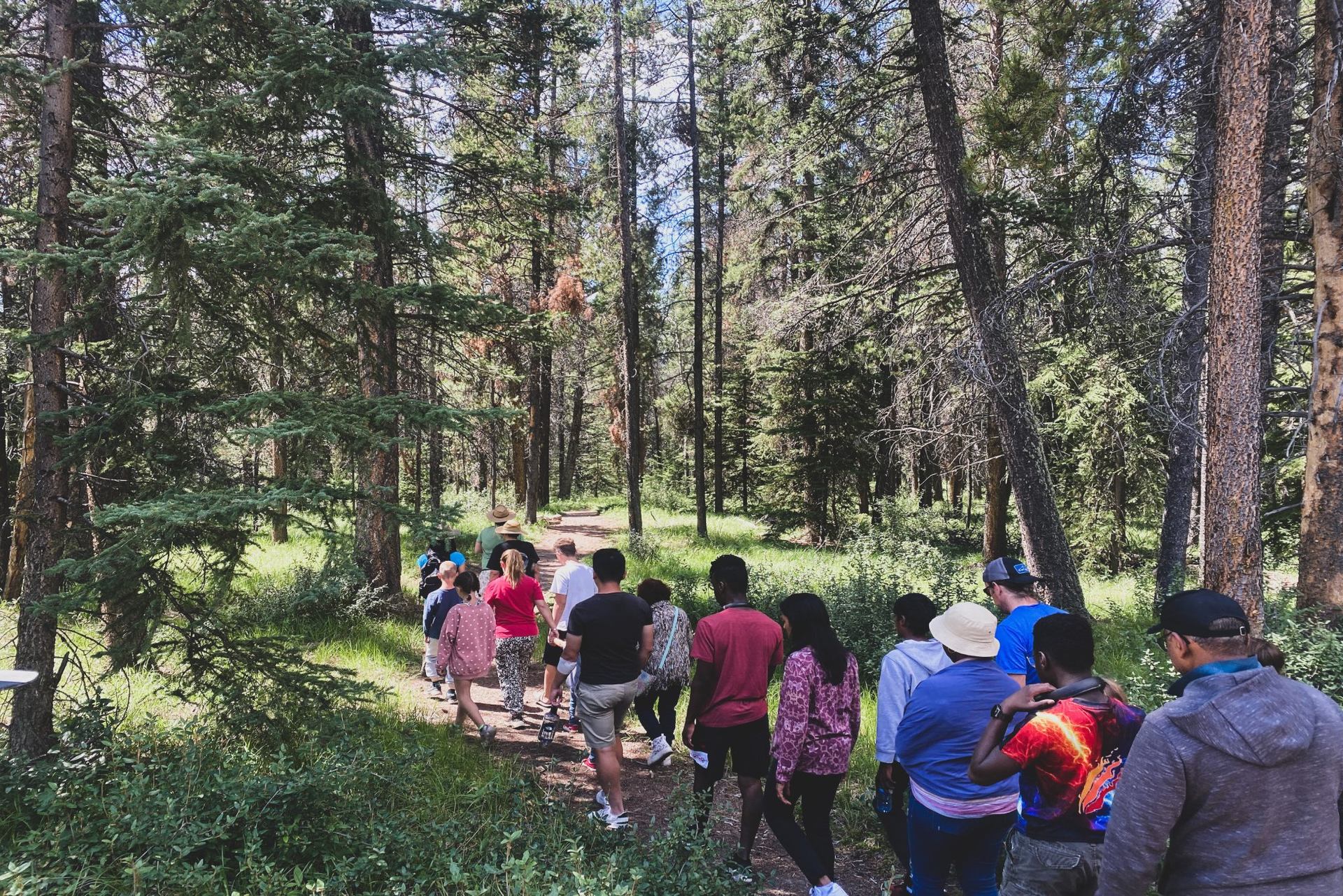 A group of people walking on the trail