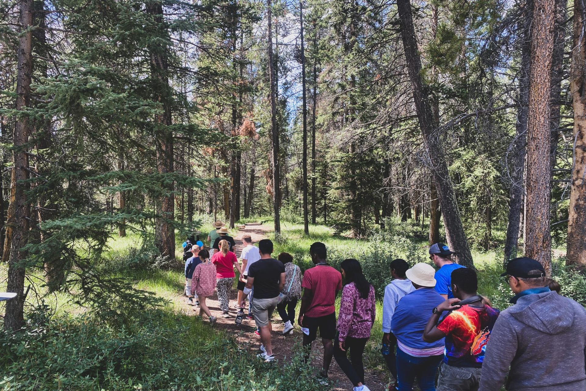 A group of people walking on the trail