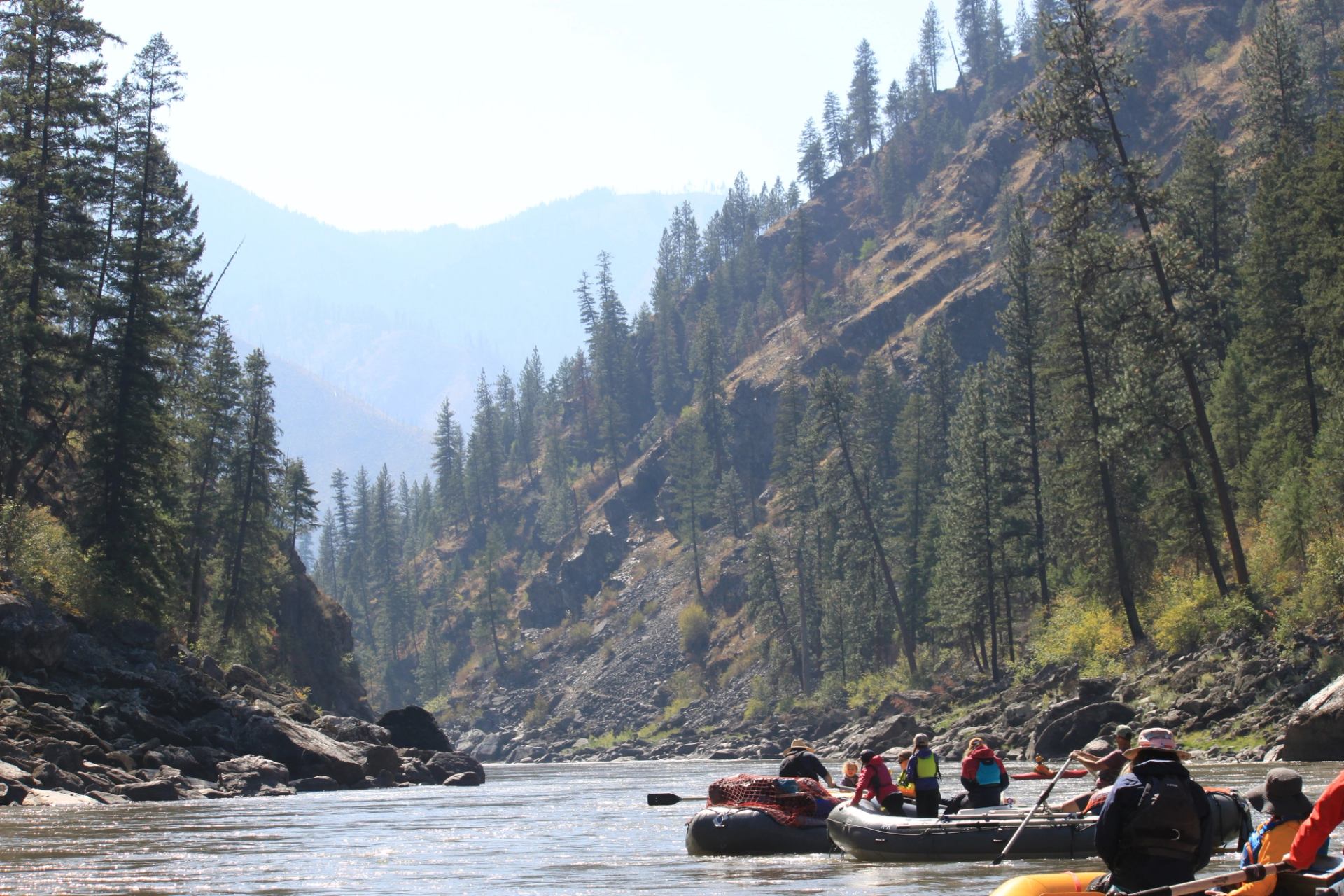 Group rafting on forested river with mountain views in the background.