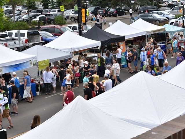 Crowds browsing vendor tents at a bustling outdoor farmers’ market.