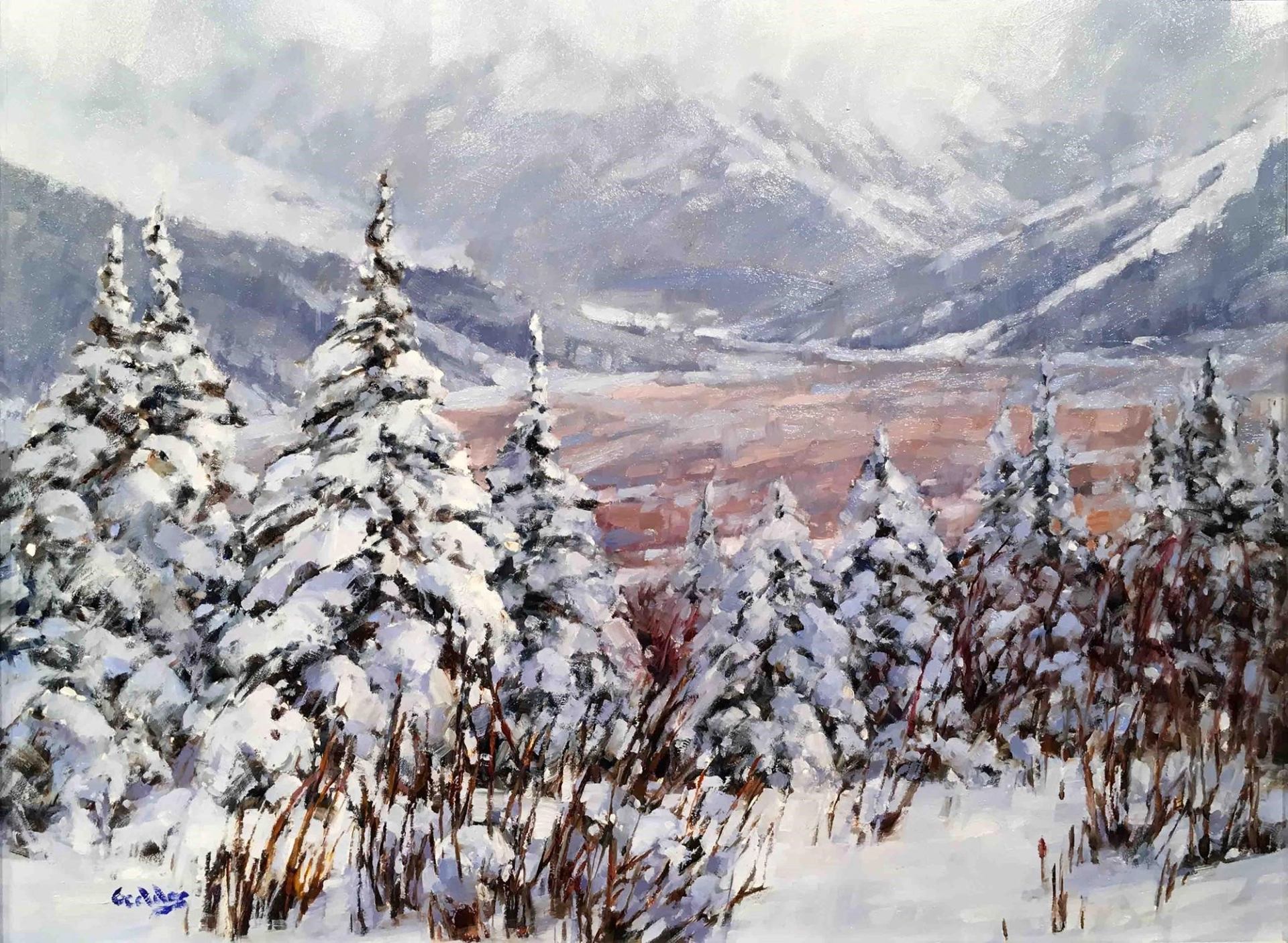 Painting of snow-covered trees with mountains in the background under a cloudy sky