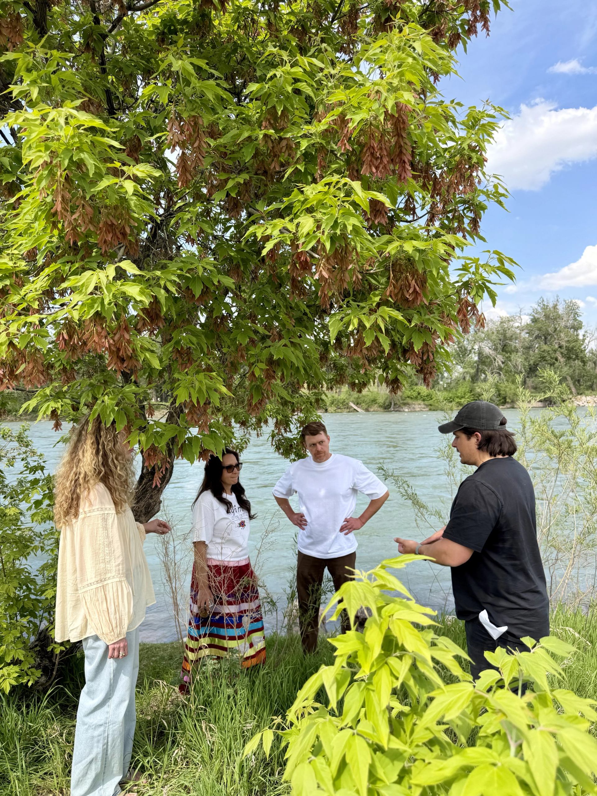 Group of people standing under leafy riverside tree, talking beside flowing water.