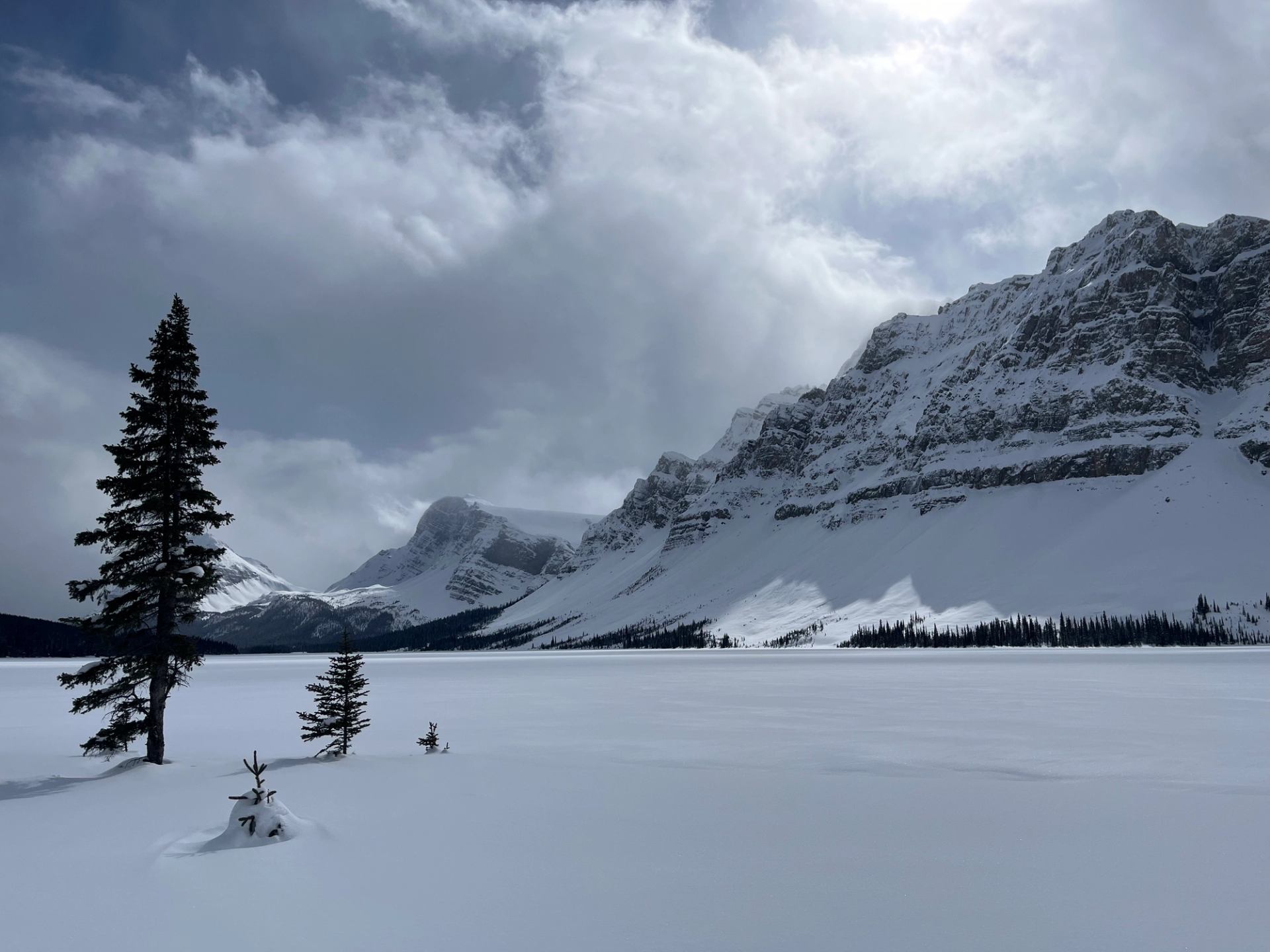 Snow-covered mountains rise above a frozen lake with scattered evergreen trees.