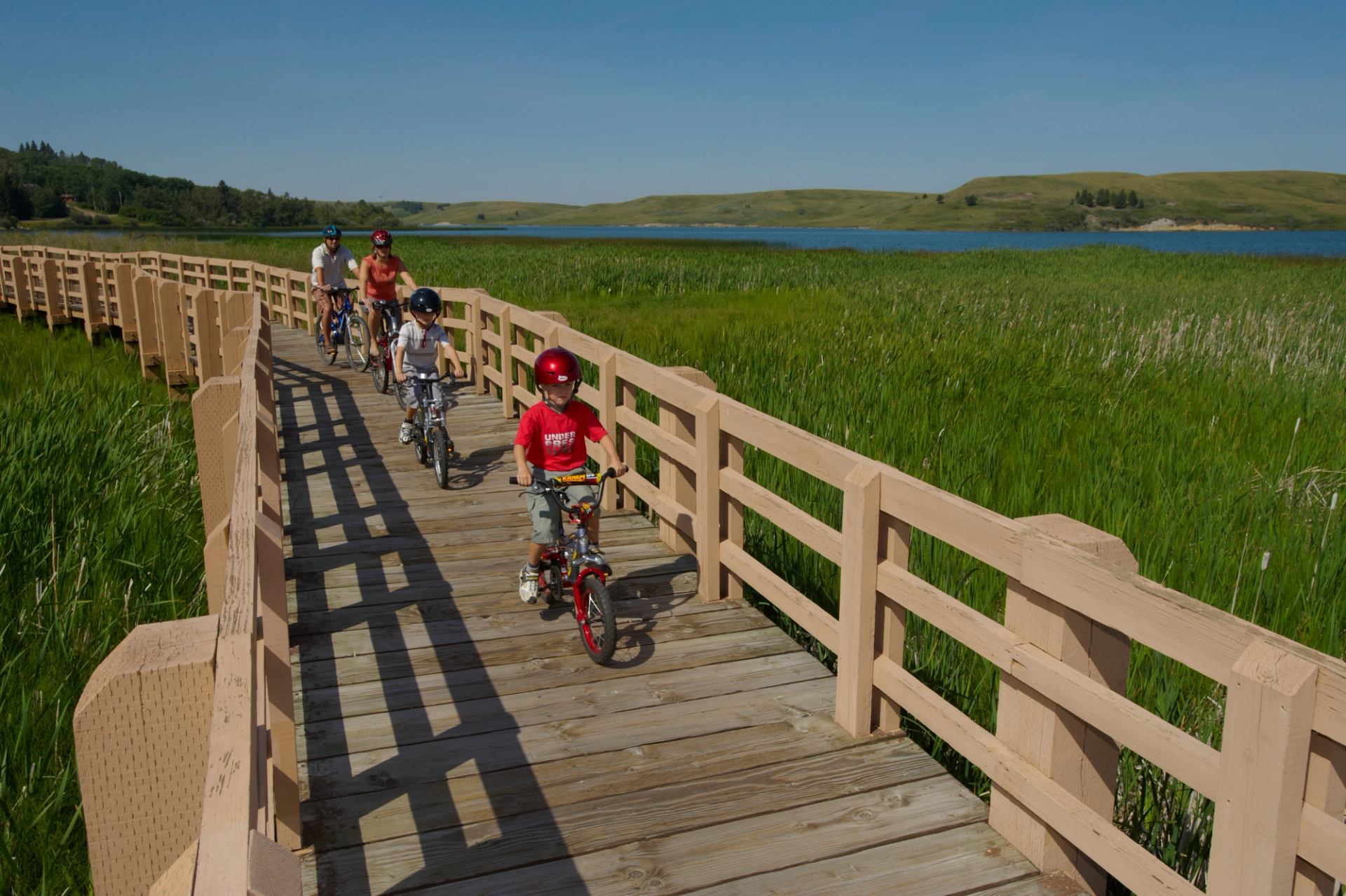 Family Cycling at Reesor Lake, in Cypress Hills Interprovincial Park.