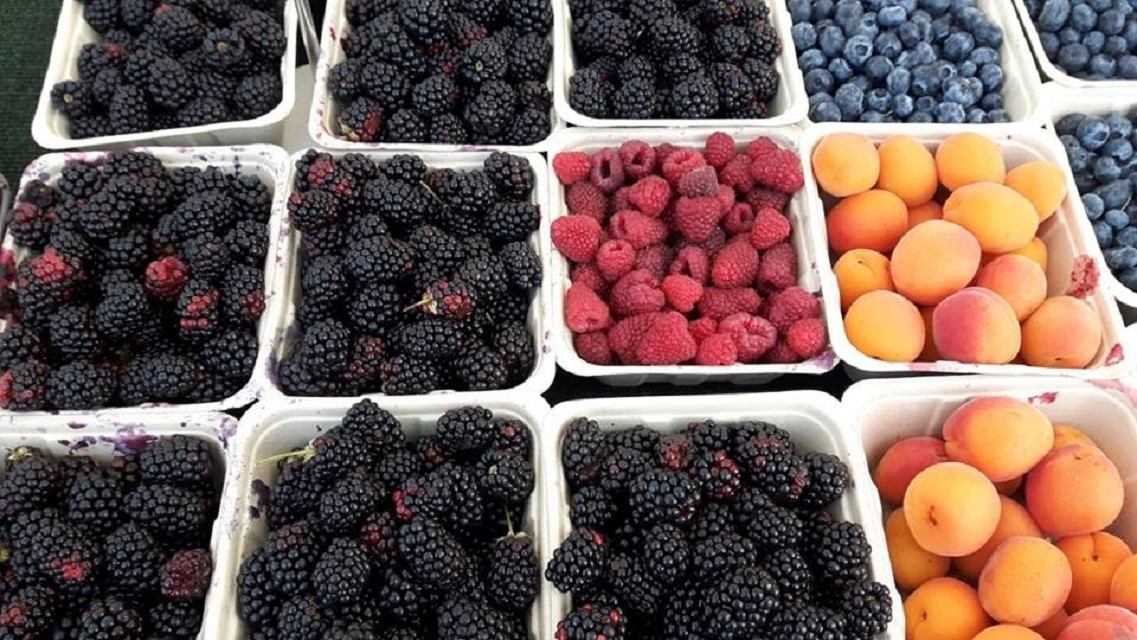 Bins of blackberries, raspberries, and yellow peaches at Leduc Farmers' Market display.
