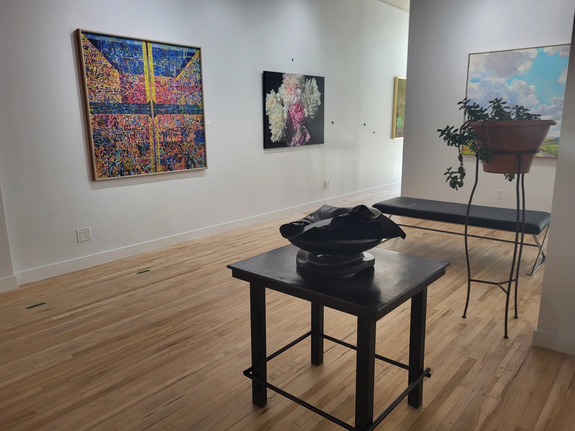 Art gallery displays colourful paintings, a black sculpture and a potted plant.