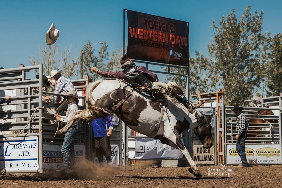 Rodeo rider on bucking horse in arena as hat flies and spectators watch.