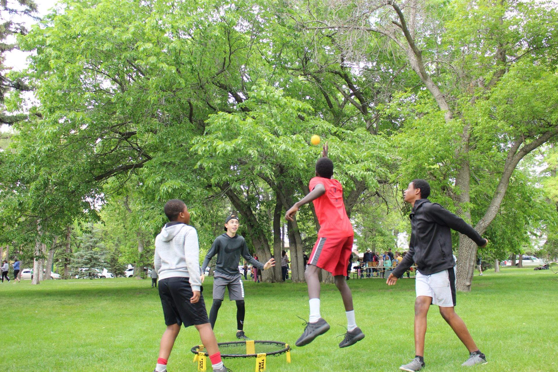 Four youths play Spikeball on green grass in a park with tall leafy trees.