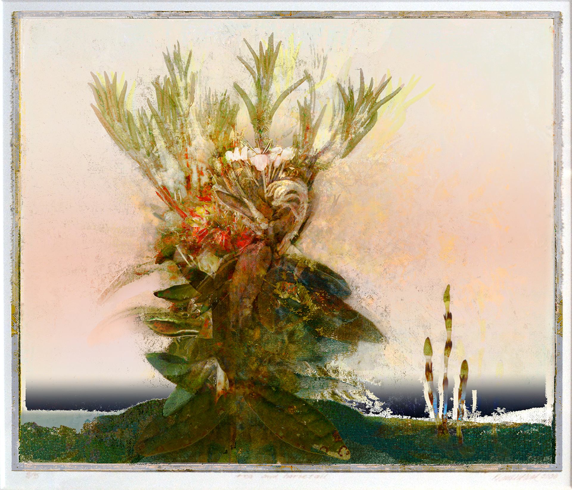 Robin Smith painting of horsetails in greens, yellows, coral, reds, browns, and pinks.