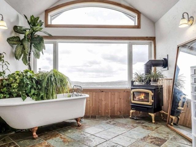 Clawfoot bathtub and leafy plants beside wood stove and large window.