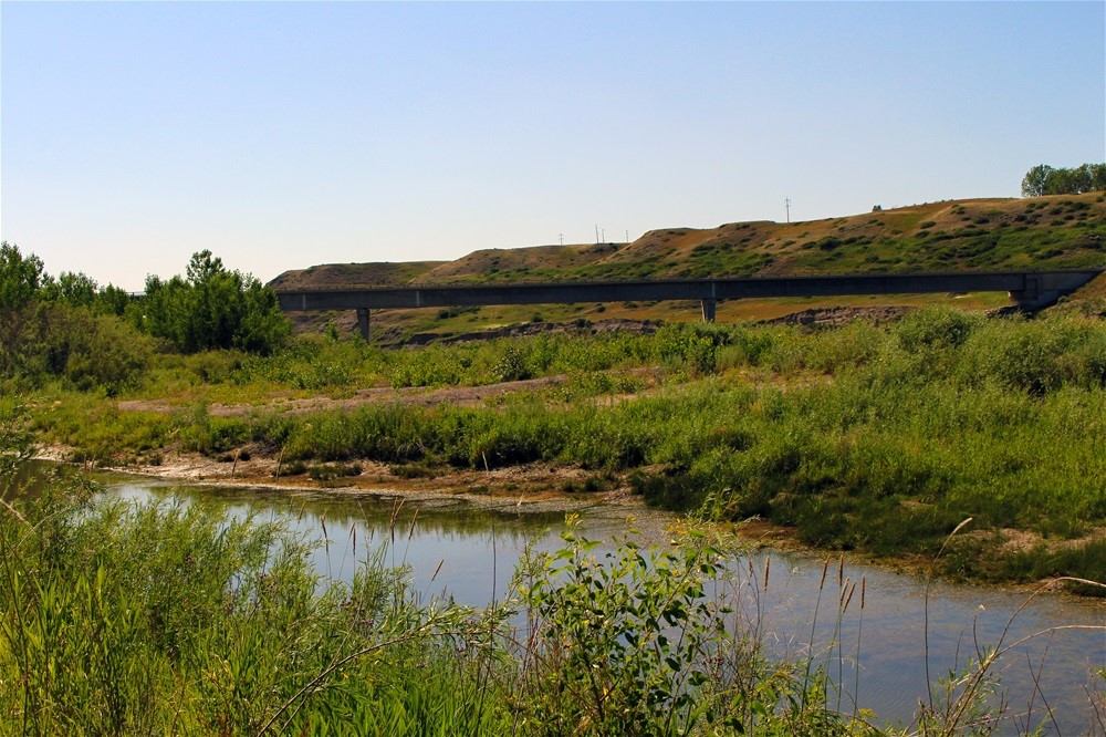 Bridge over grassy riverbank at Taber Municipal Park.