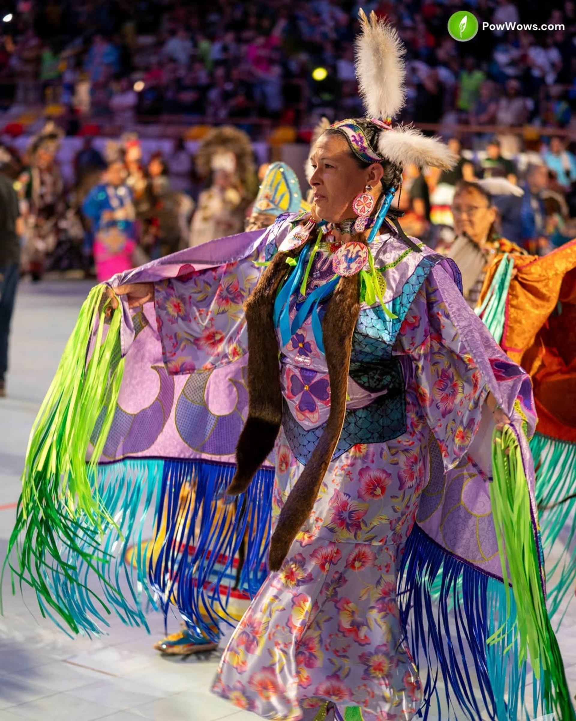 Powwow dancer in colourful regalia with fringe and feathers performs in crowded arena.