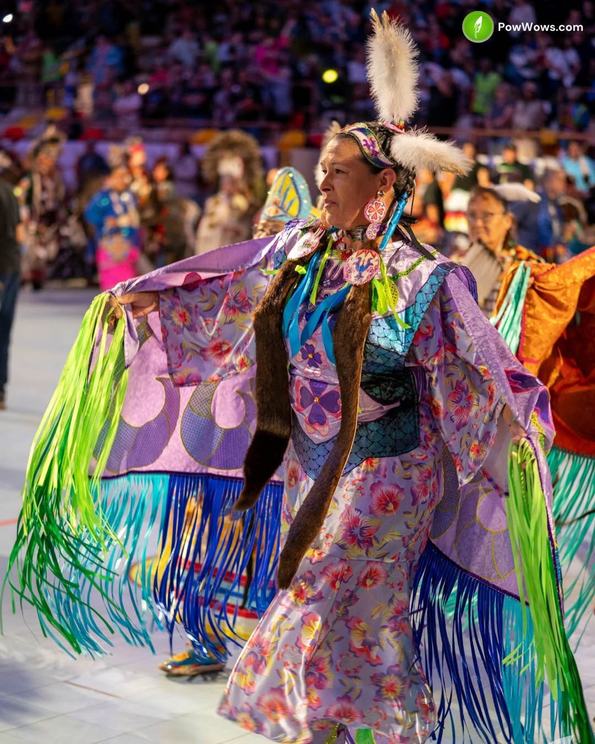 Powwow dancer in colourful regalia with fringe and feathers performs in crowded arena.