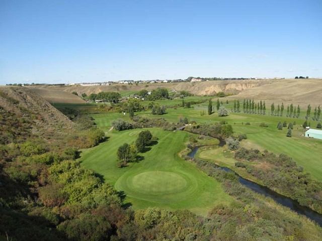 Aerial view of the lush golf course with the grass and trees